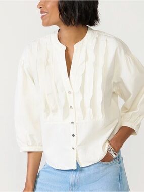 Natori Cream Button-Front Pintuck Blouse